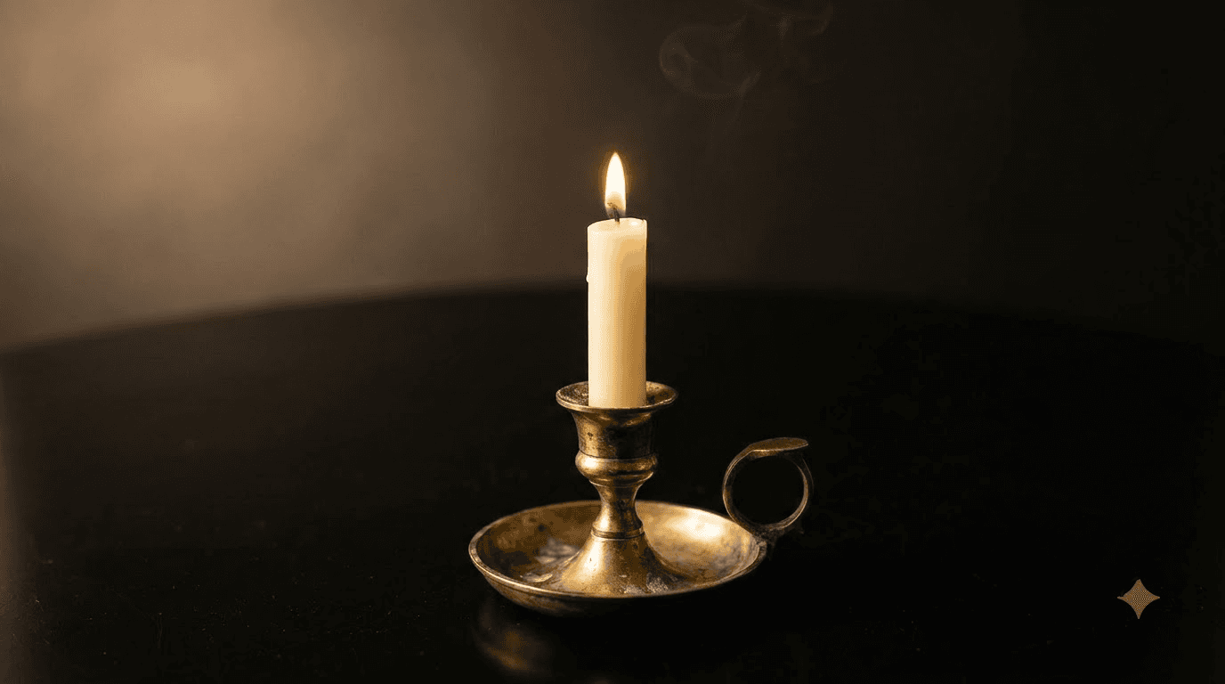 Time and duration of a psychic reading — soft candlelight detail in a private consultation room, evoking the measured, unhurried pace of a thoughtful session