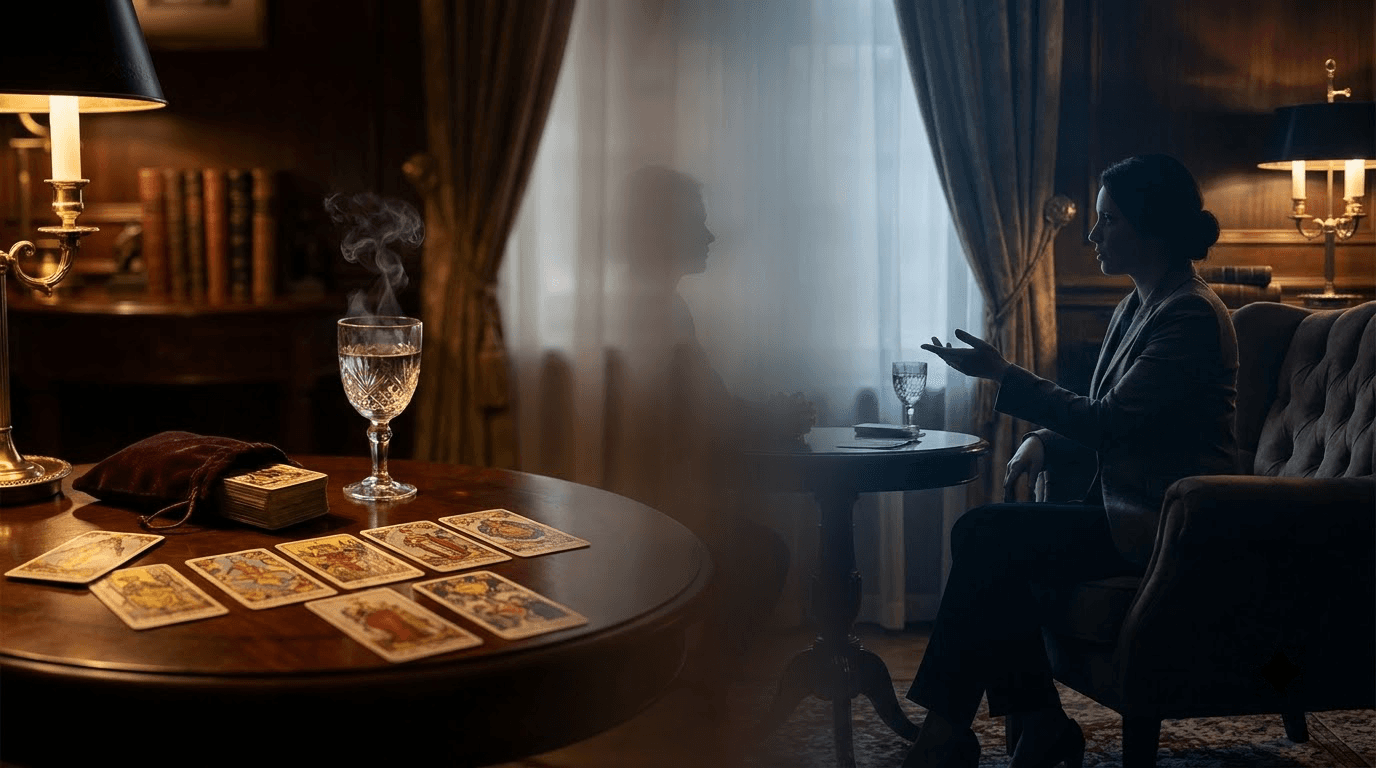 Psychic reading versus tarot reading — a side-by-side comparison showing a calm intuitive consultation space and elegant tarot cards resting on dark velvet